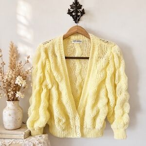 Vintage Jeff Laurent Bubble Knit Mohair Cardigan Size M/L Pastel Butter Yellow